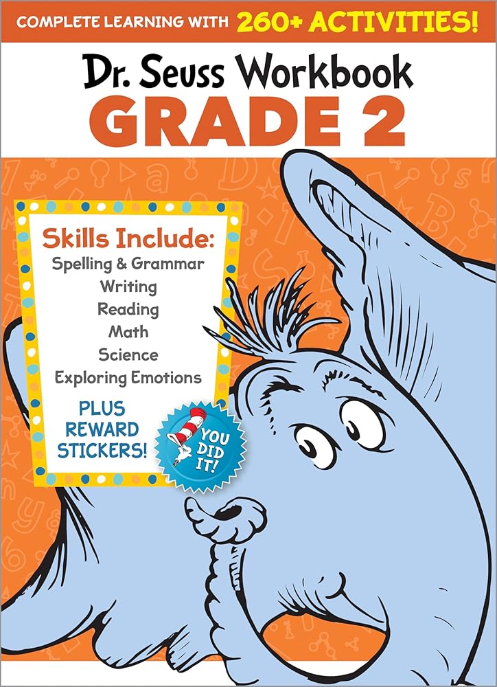 Dr. Seuss Workbook: Grade 2: 260+ Fun Activities with Stickers and More! (Spelling, Phonics, Reading Comprehension, Grammar, Math, Addition & Subtraction, Science) cover image